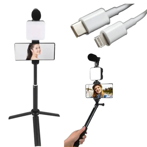 White Isle Mid Height Smartphone Vlogging kit for Apple & Android Includes USB-C & iPhone Lightning Cable YouTube Starter Kit Podcast Equipment Tripod Shotgun Mic led Light Phone Holder